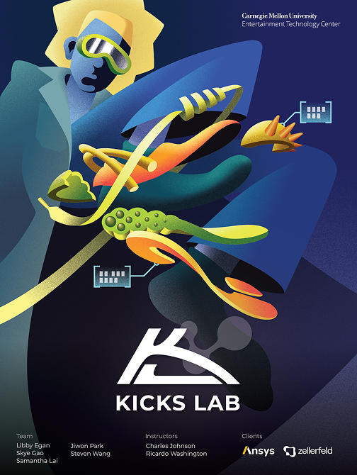 A Kicks Lab poster: an illustrated figure among coloured shapes over a deep blue field.