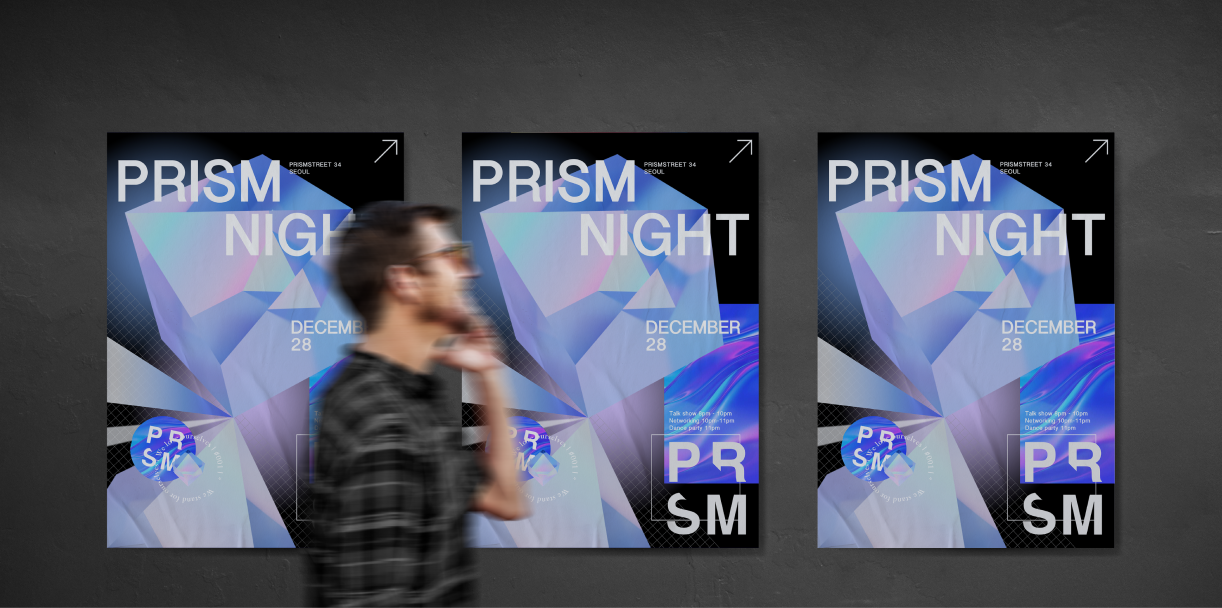 Three Prism Night posters mounted on a wall, a figure walking past them.