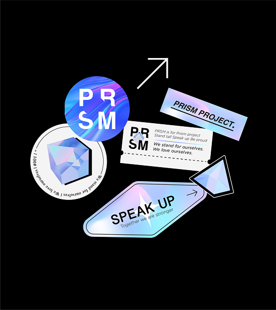 Brand identity design for Prism: stickers, badges and type treatments on black.