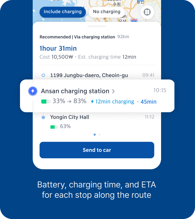 Route detail panel listing battery, charging time, and ETA for each stop along the route.