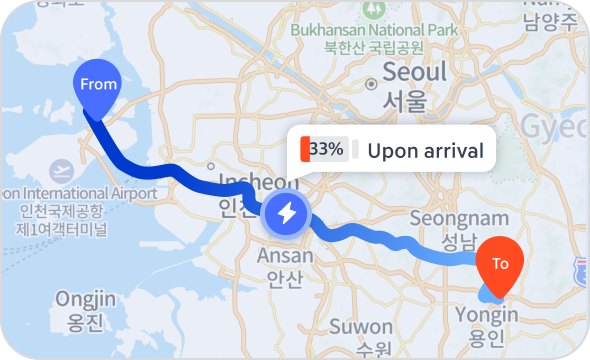 A route on a map annotated with the projected 33% battery level upon arrival.