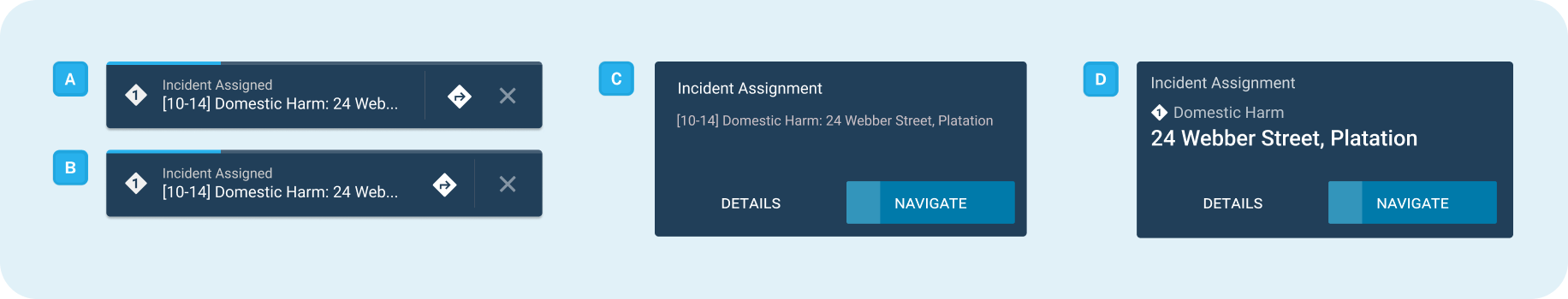 Four incident-assignment notification variants, from a compact assigned bar through to an expanded card carrying Details and Navigate actions.