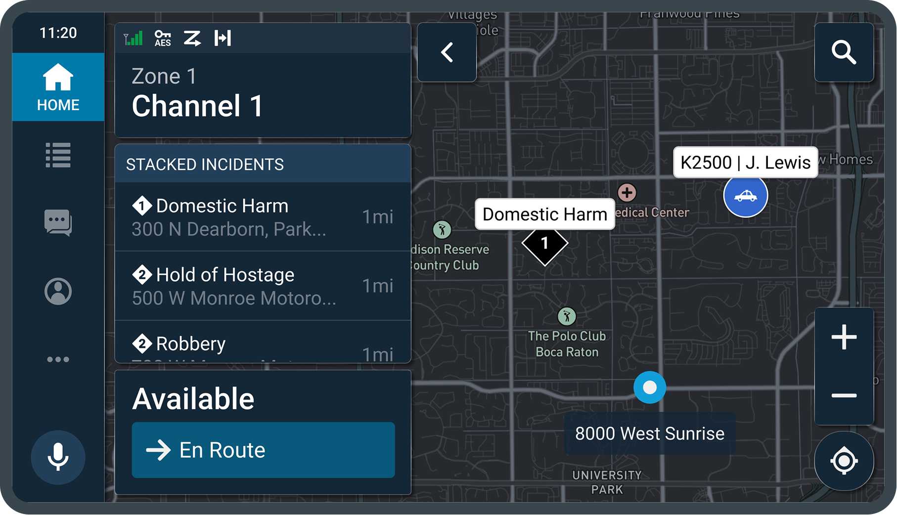 The home screen with the incident list open: stacked incidents for Domestic Harm, Hold of Hostage and Robbery with distances down the left, the availability control beneath them, and the live map showing the unit, the incident pin and nearby landmarks.