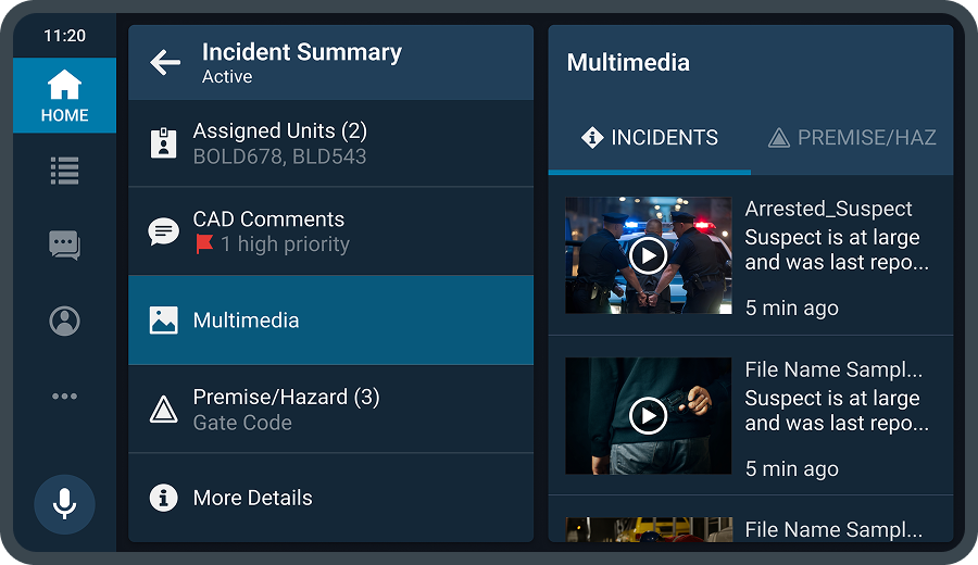The rejected app-focused view: the incident broken into a list of sections — assigned units, CAD comments, multimedia, premise and hazard — with a multimedia panel where the map was.