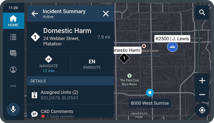 The selected map-focused view: an incident summary panel for Domestic Harm with Navigate and Enroute actions, over a live map showing the unit and the incident pin.