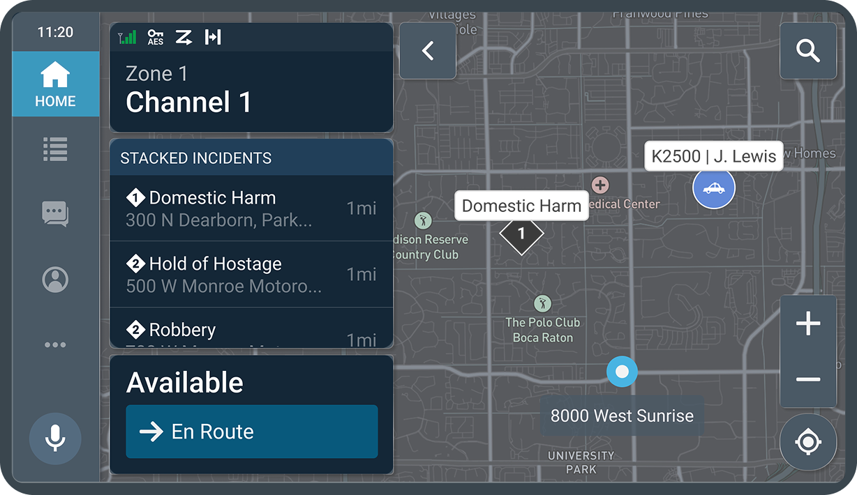 The selected layout: a Stacked Incidents widget listing Domestic Harm, Hold of Hostage and Robbery with distances, holding the position the active incident widget occupies, with the availability control beneath it.