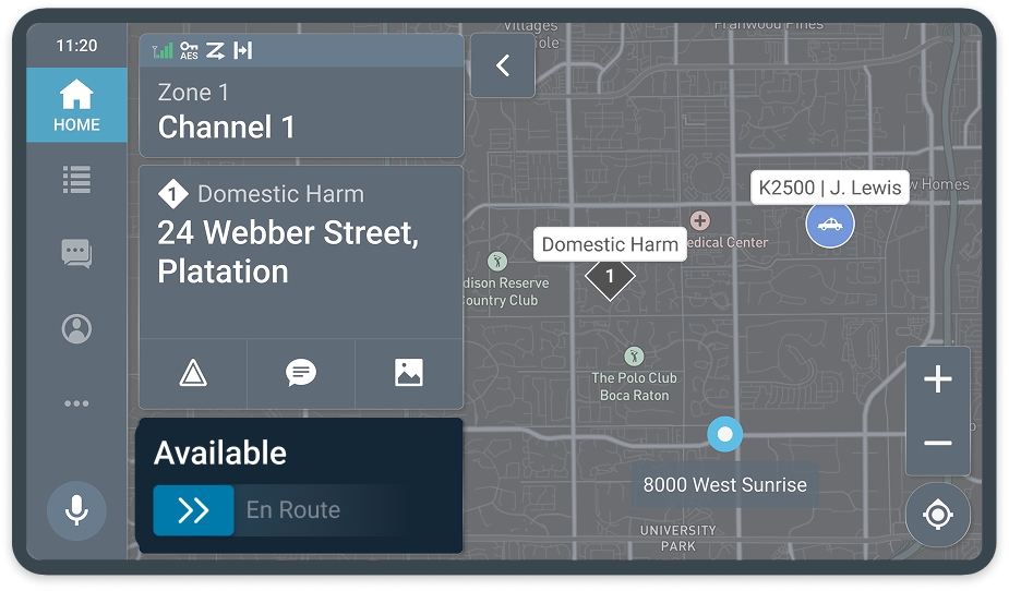 The earlier control: a swipe handle on the availability widget to move from Available to En Route.
