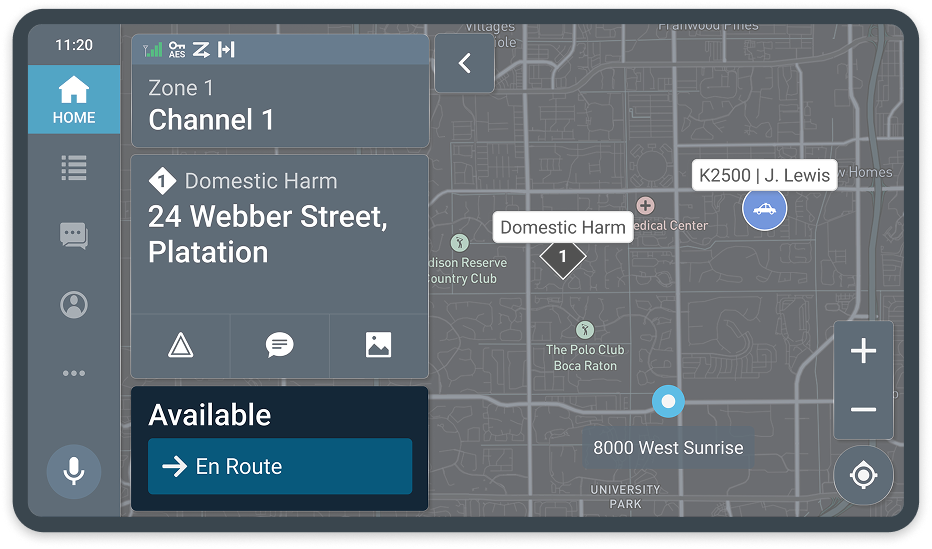 The chosen control: a plain tap target on the availability widget to move from Available to En Route.