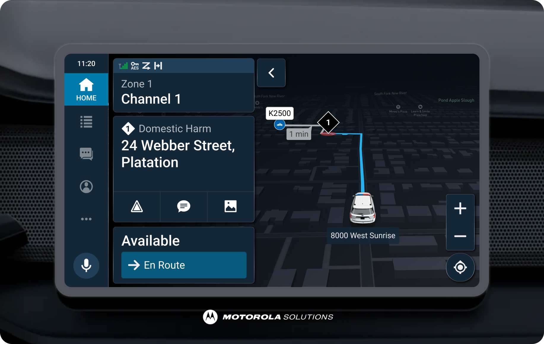 The patrol infotainment display mounted in a vehicle dash: Zone 1 / Channel 1 radio panel and a Domestic Harm incident card on the left, live map with the route to 8000 West Sunrise on the right, under a Motorola Solutions bezel.
