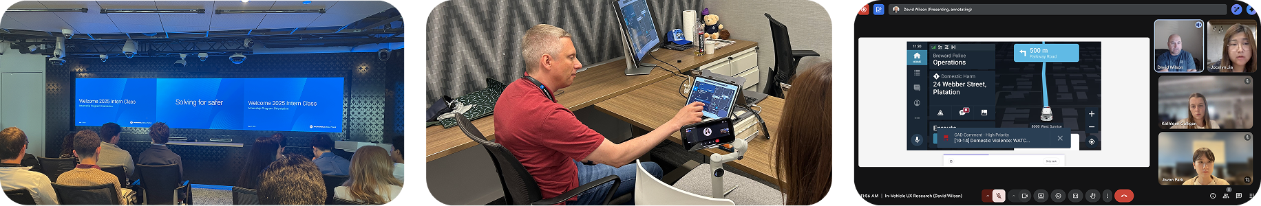 Three photographs from the internship: presenting the concept to a seated audience, a participant working through the prototype on a tablet, and a remote review call with the in-vehicle screen shared.