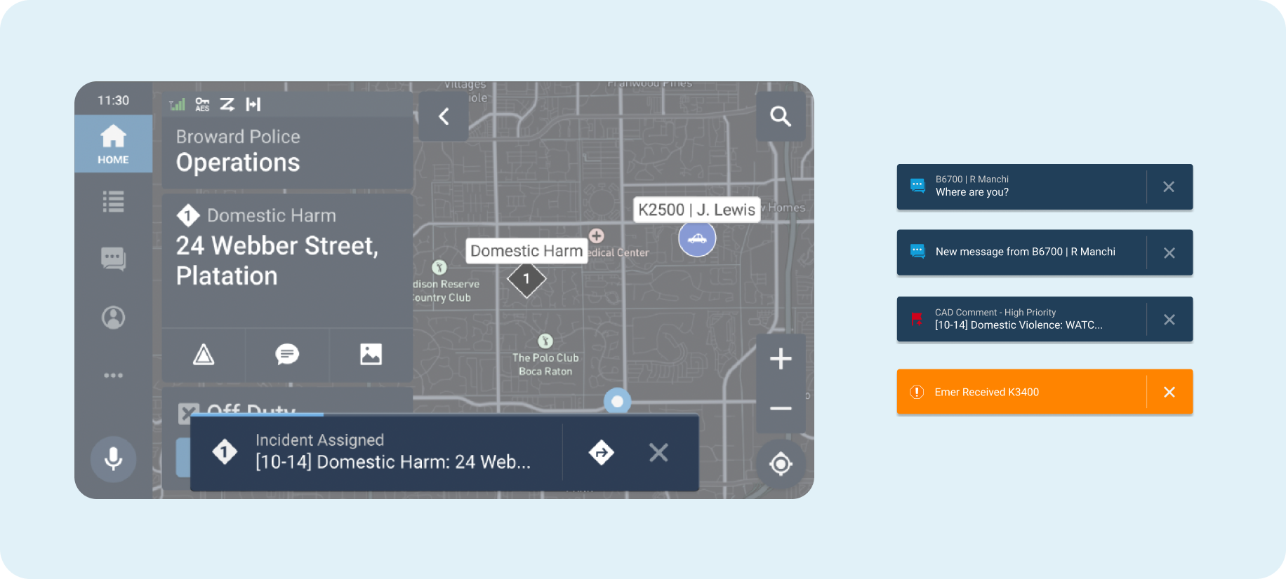 The notification drawer and toast system: a stack of dismissible dispatch messages down the right of the screen over the live map.