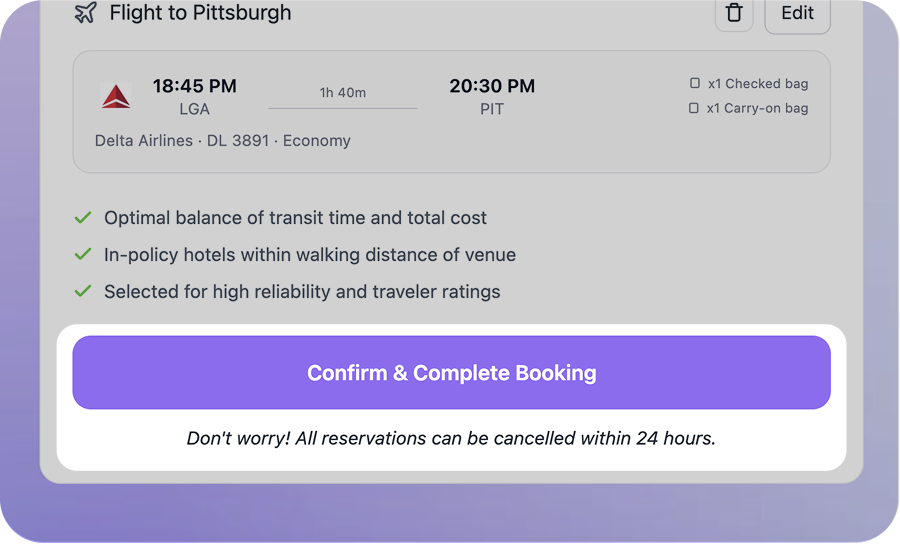 Copy beneath the confirm button explaining what happens on booking and how to undo it.