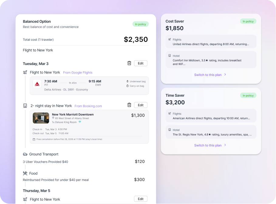 A single long itinerary card carrying flight times, seat assignment, baggage allowance, hotel details and per-category cost.